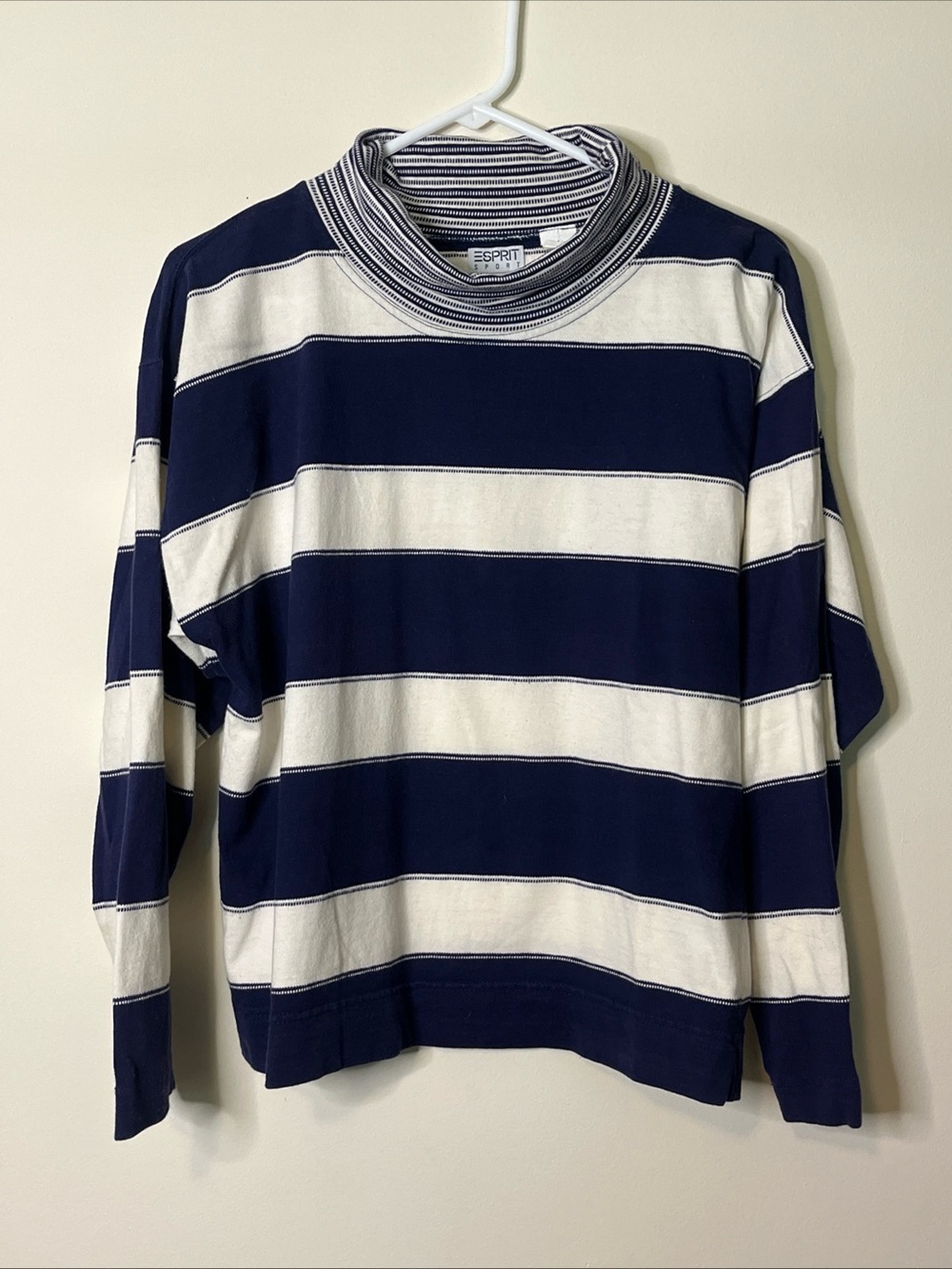 Women’s Vintage Esprit Sport White Navy Blue Striped Sweater Large 100% Cotton